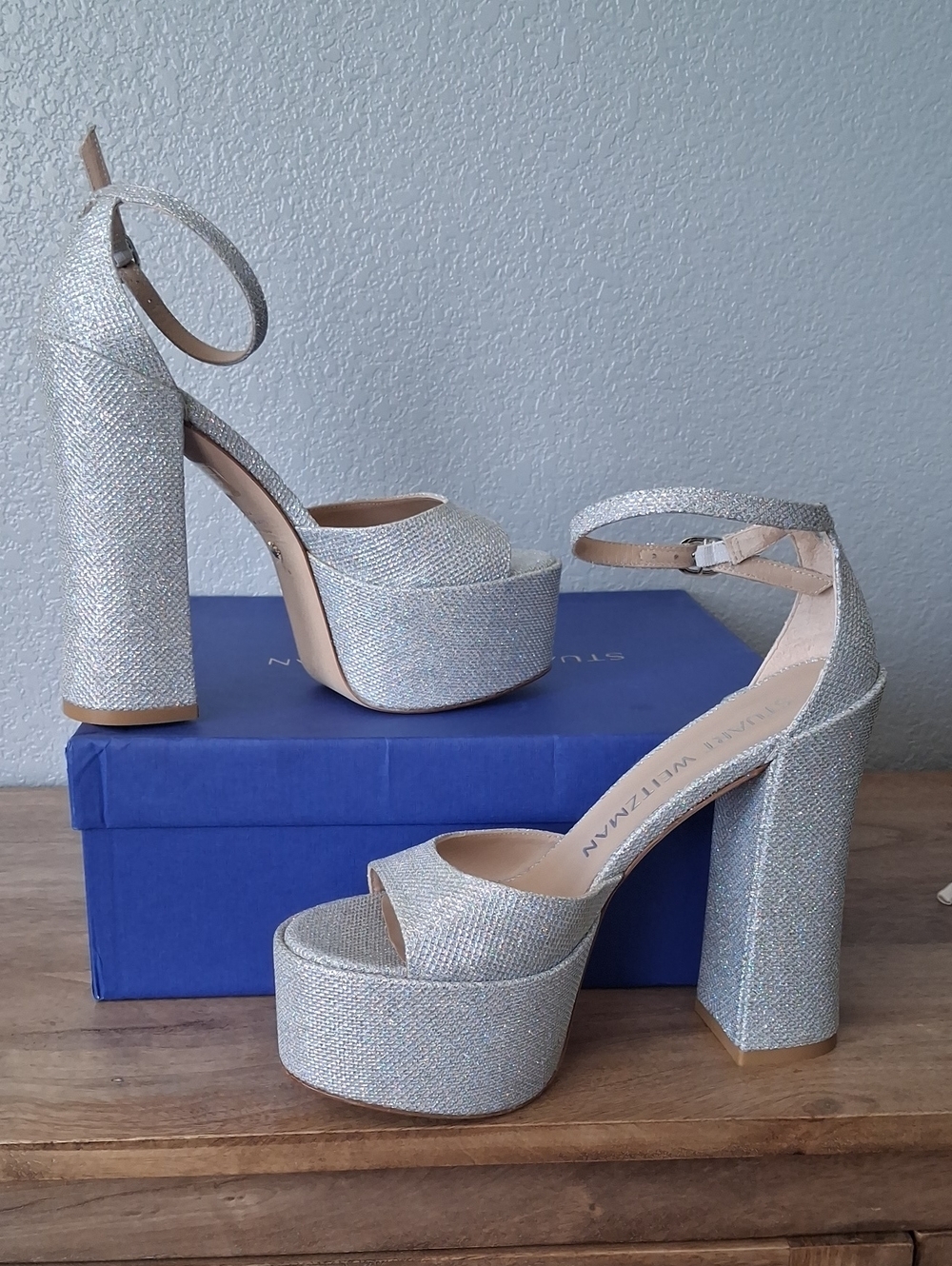 Stuart Weitzman Silver Glitter Platform Heels with Ankle Strap